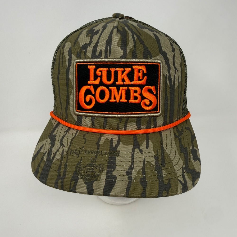 Luke Combs Mossy Oak Bottomland Camo Trucker Hat Orange Logo Rope Mesh Snapback